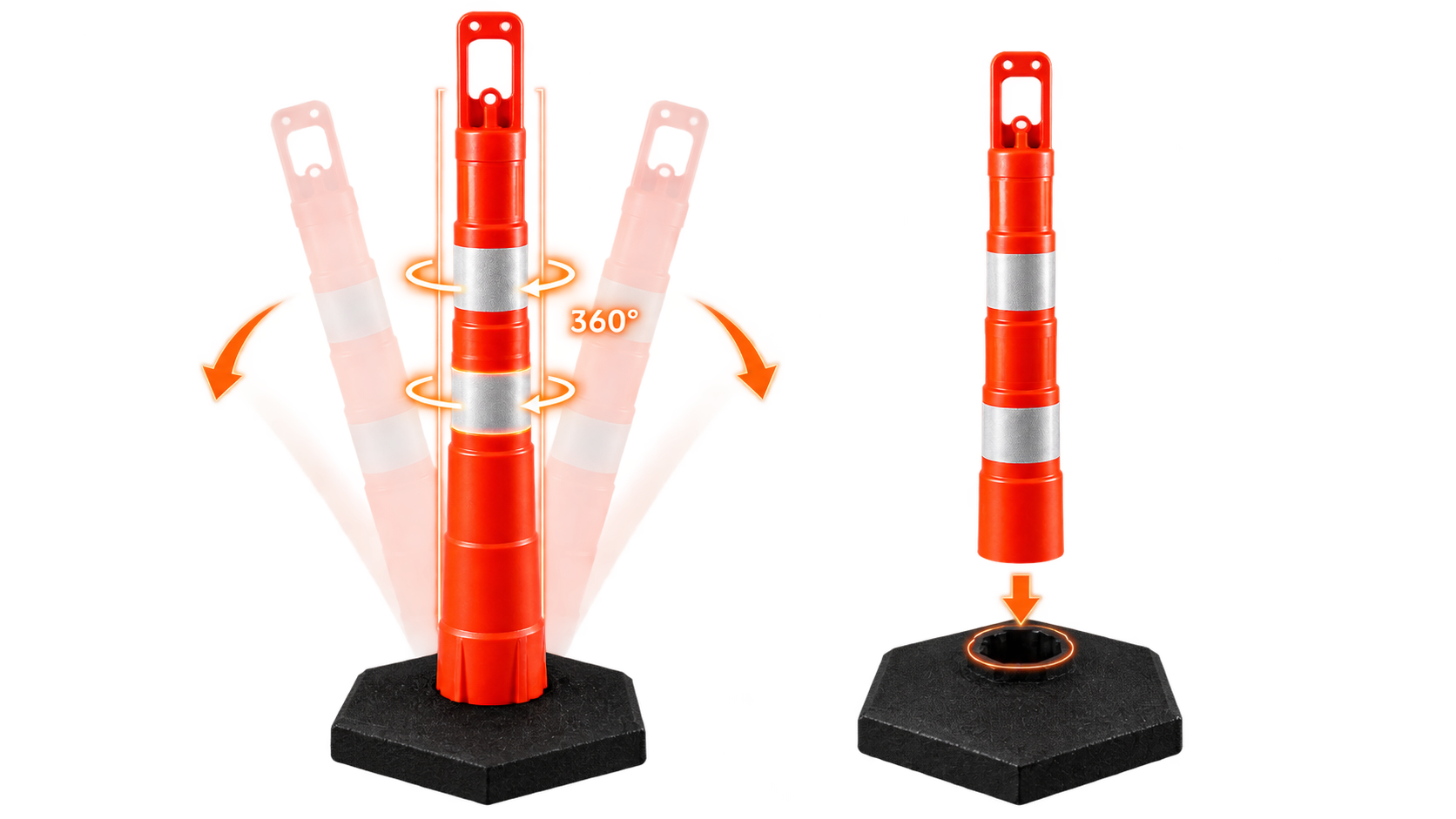Channelizer post flexibility and 360-degree rotation, plus base assembly diagram
