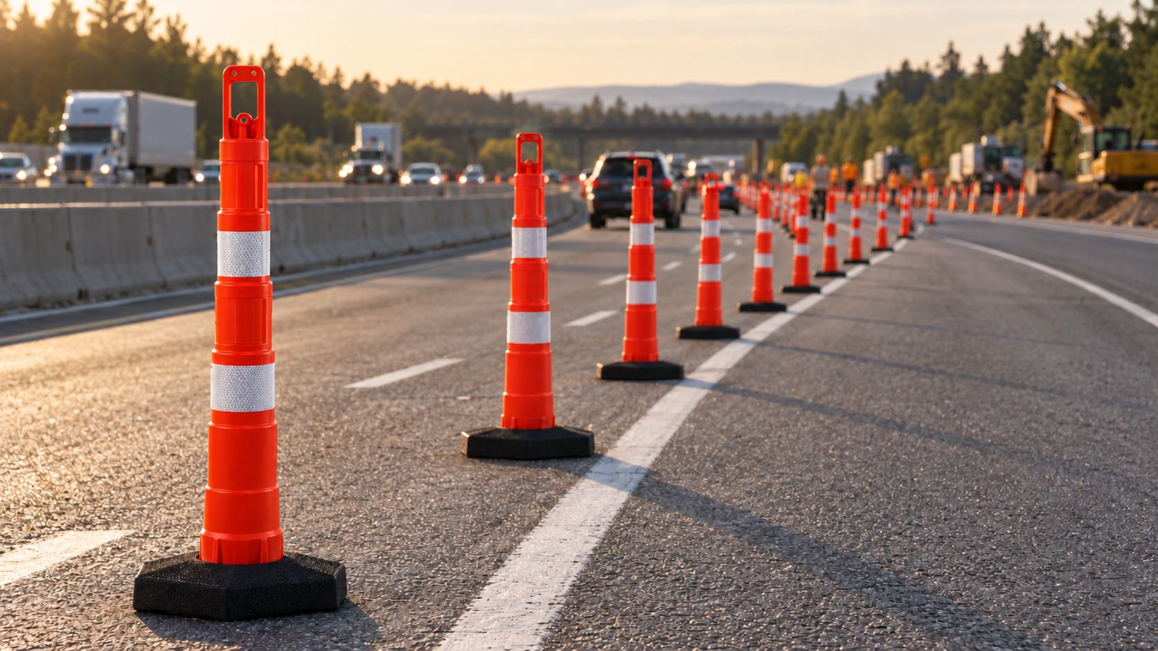 Row of orange channelizers guiding traffic through a highway work zone