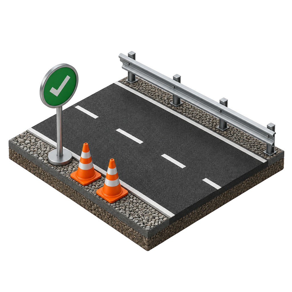 3D illustration of an open road with cones moved aside and a completion check