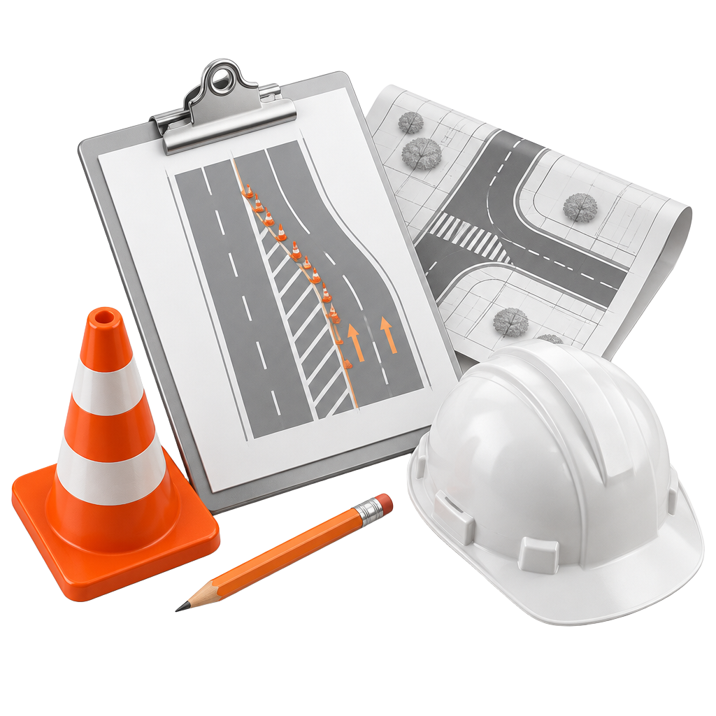 3D illustration of traffic plans, a clipboard, cone and hard hat