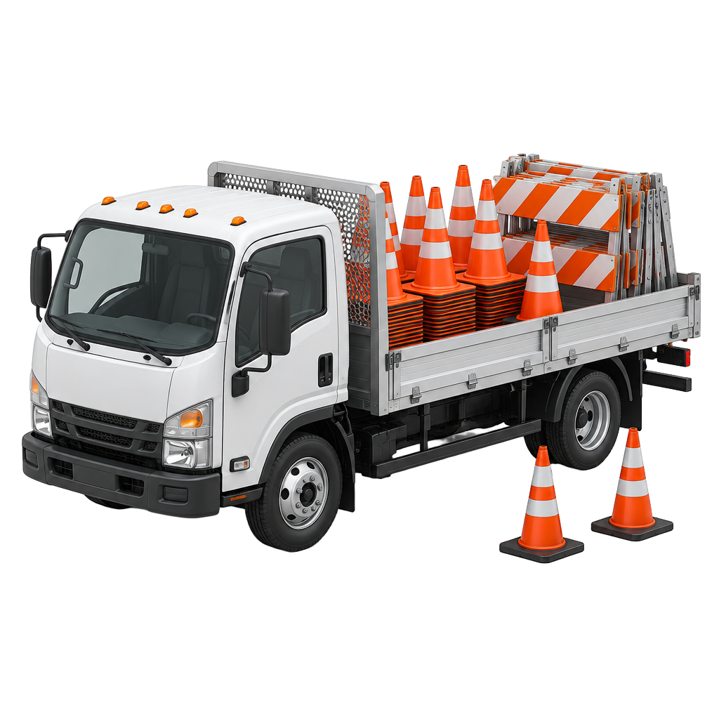3D illustration of a delivery truck loaded with cones and barricades